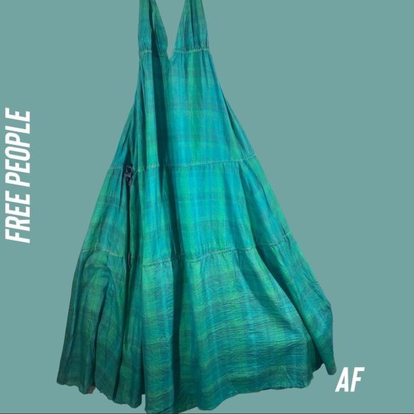 FREE PEOPLE TATTERSALL GREEN SEA BLUE SILK MAXI DRESS NWT NEW MEDIUM - Picture 7 of 14